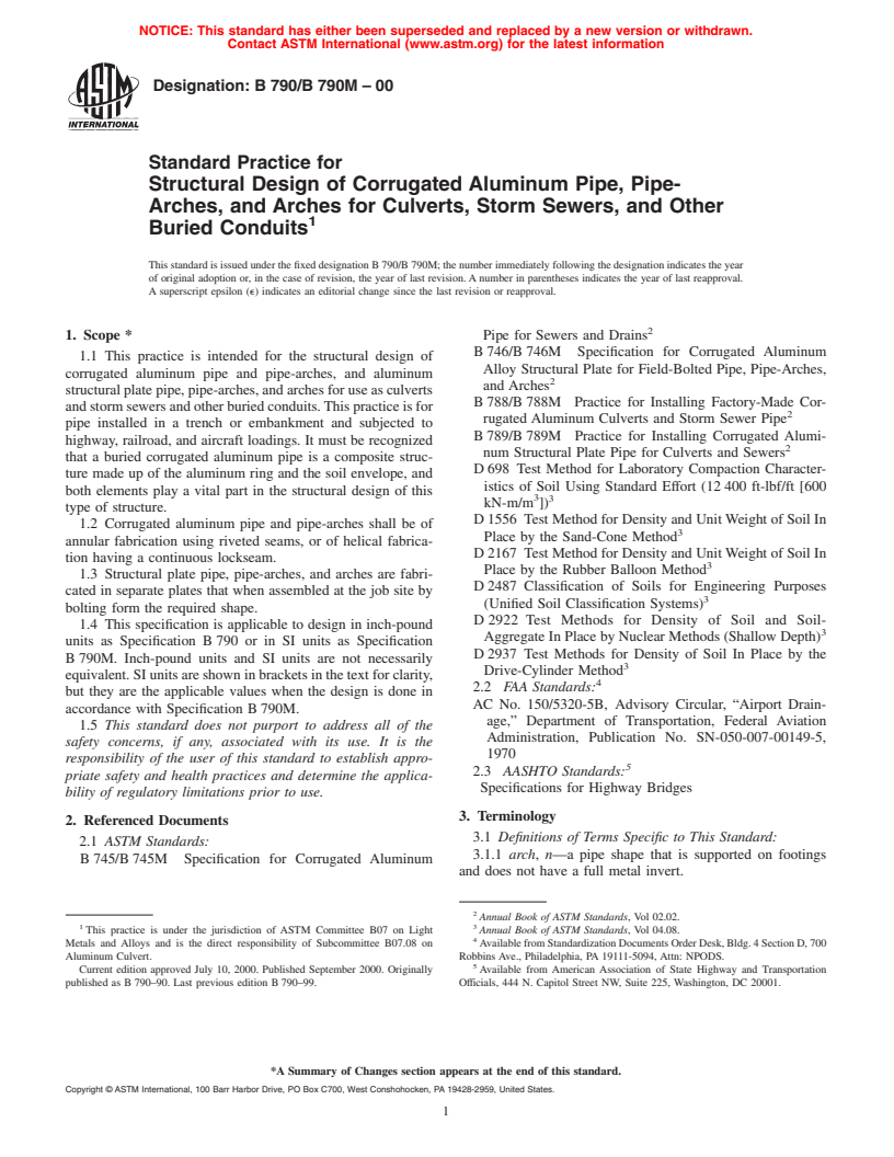 ASTM B790/B790M-00 - Standard Practice for Structural Design of Corrugated Aluminum Pipe, Pipe-Arches, and Arches for Culverts, Storm Sewers, and Other Buried Conduits