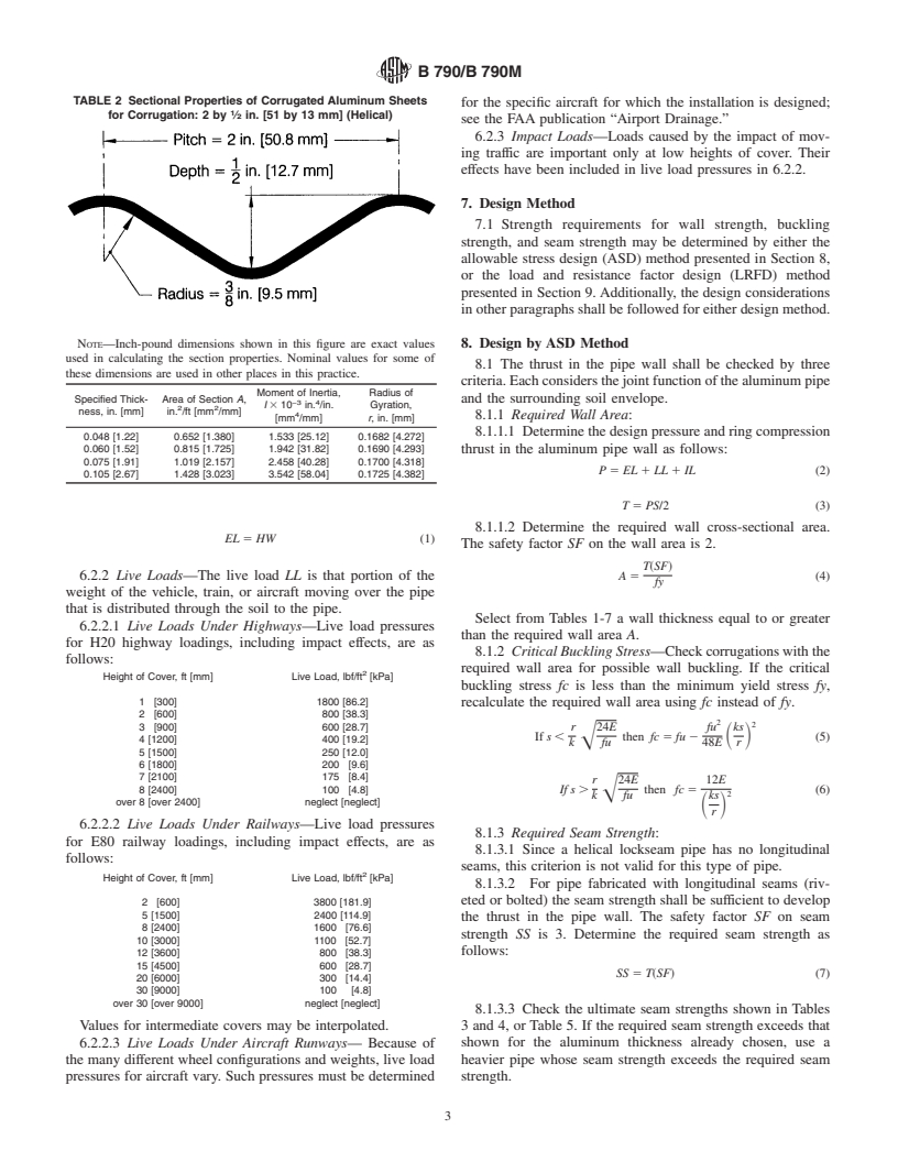 ASTM B790/B790M-00 - Standard Practice for Structural Design of Corrugated Aluminum Pipe, Pipe-Arches, and Arches for Culverts, Storm Sewers, and Other Buried Conduits