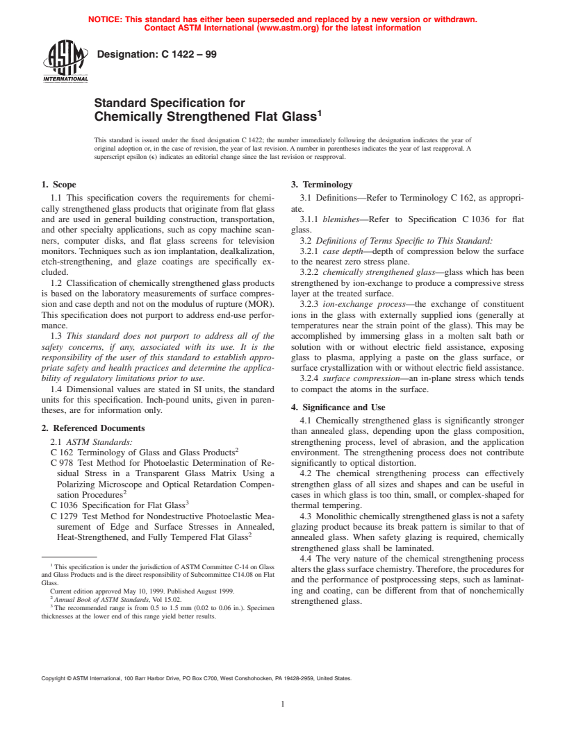 ASTM C1422-99 - Standard Specification for Chemically Strengthened Flat Glass