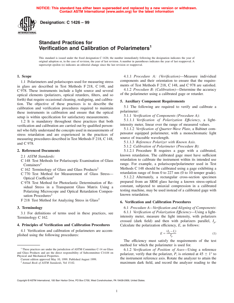 ASTM C1426-99 - Standard Practices for Verification and Calibration of Polarimeters