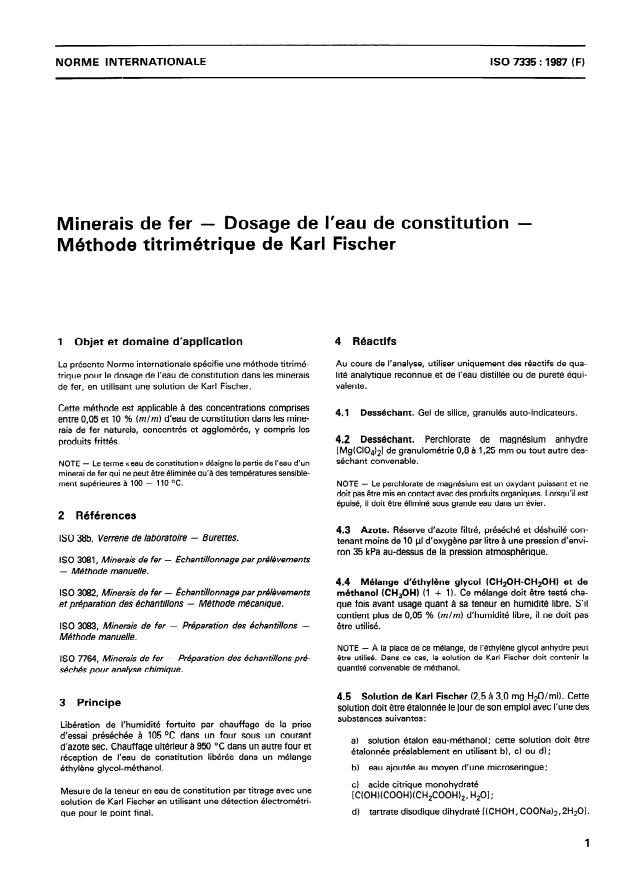 ISO 7335:1987 - Minerais de fer -- Dosage de l'eau de constitution -- Méthode titrimétrique de Karl Fischer