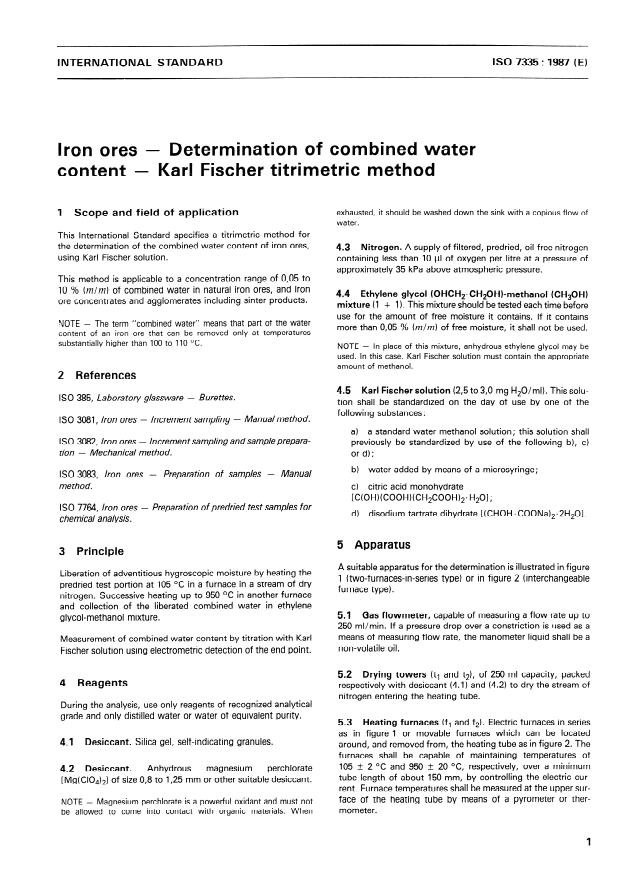 ISO 7335:1987 - Iron ores -- Determination of combined water content -- Karl Fischer titrimetric method