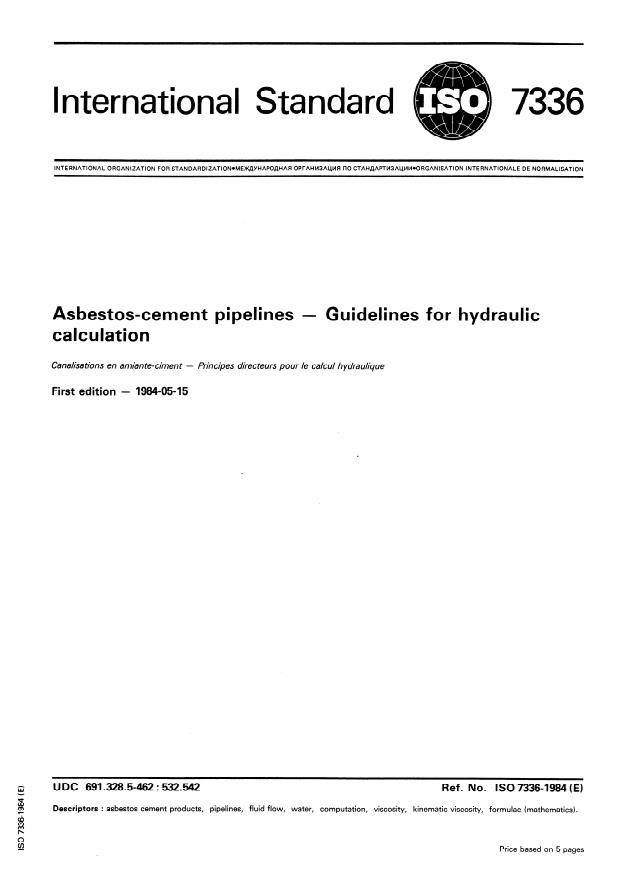 ISO 7336:1984 - Asbestos-cement pipelines -- Guidelines for hydraulic calculation