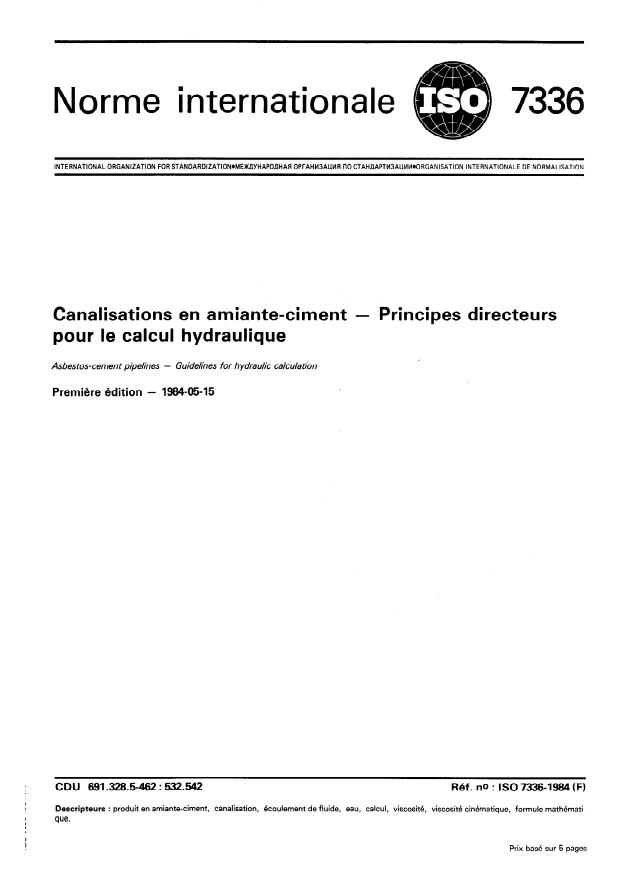 ISO 7336:1984 - Canalisations en amiante-ciment -- Principes directeurs pour le calcul hydraulique