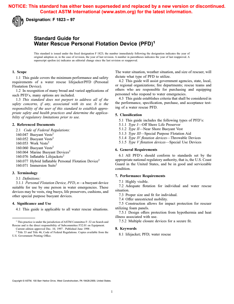 ASTM F1823-97 - Standard Guide for Water Rescue Personal Flotation Device (PFD)