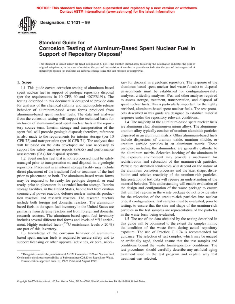 ASTM C1431-99 - Standard Guide for Corrosion Testing of Aluminum-Based Spent Nuclear Fuel in Support of Repository Disposal