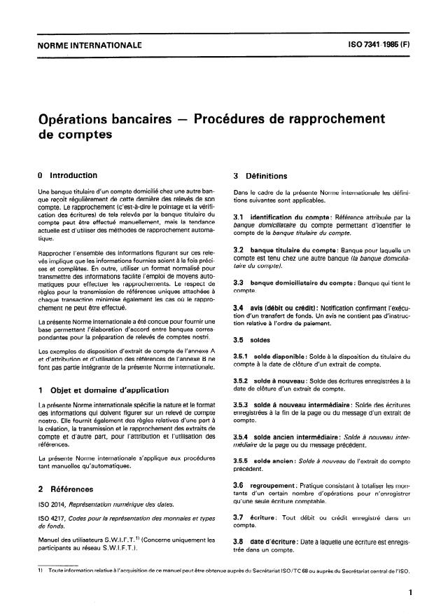 ISO 7341:1985 - Opérations bancaires -- Procédures de rapprochement de comptes