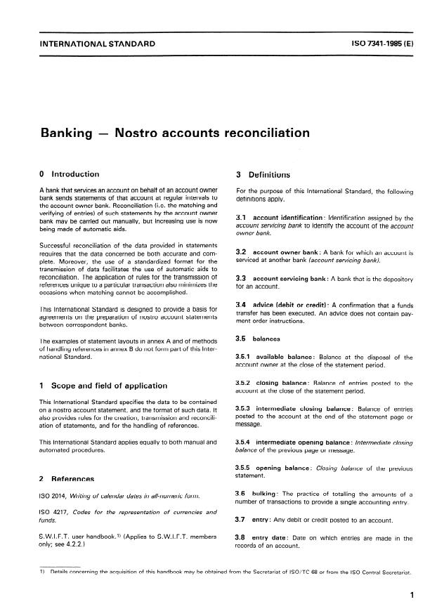 ISO 7341:1985 - Banking -- Nostro accounts reconciliation