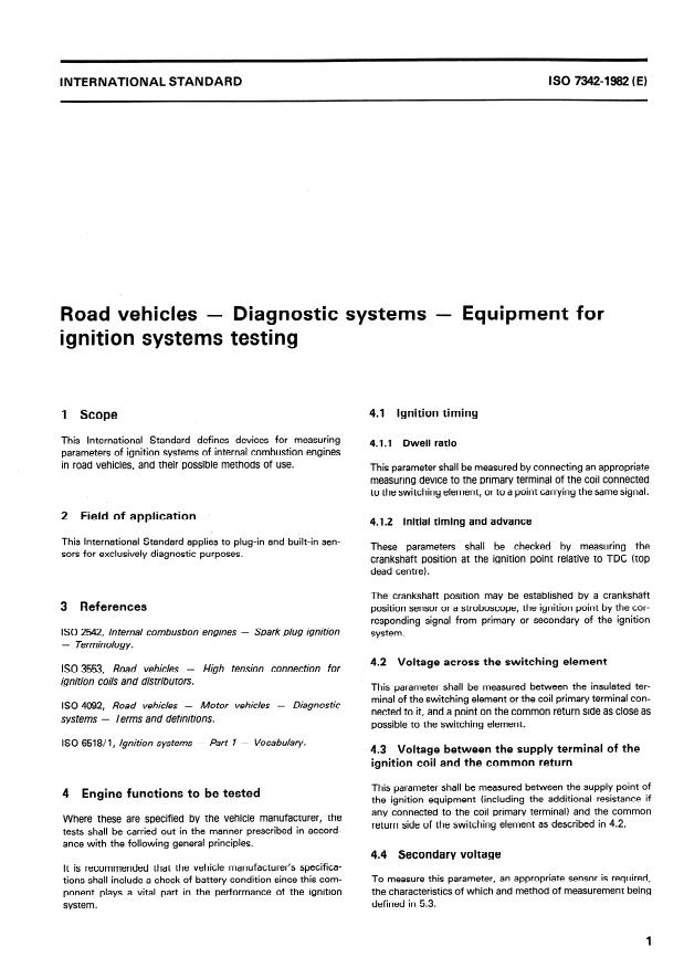 ISO 7342:1982 - Road vehicles -- Diagnostic systems -- Equipment for ignition systems testing