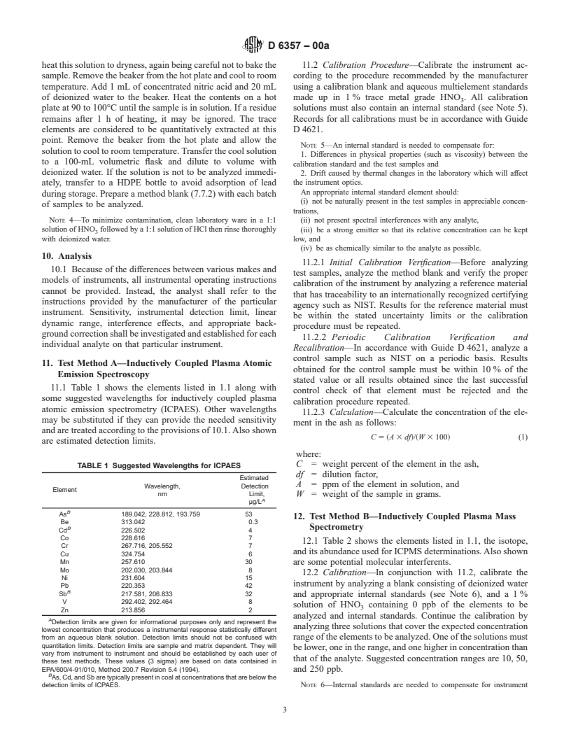 ASTM D6357-00a - Test Methods for Determination of Trace Elements in Coal, Coke, & Combustion Residues from Coal Utilization Processes by Inductively Coupled Plasma Atomic Emission, Inductively Coupled Plasma Mass, & Graphite Furnace Atomic Absorption Spectrometry