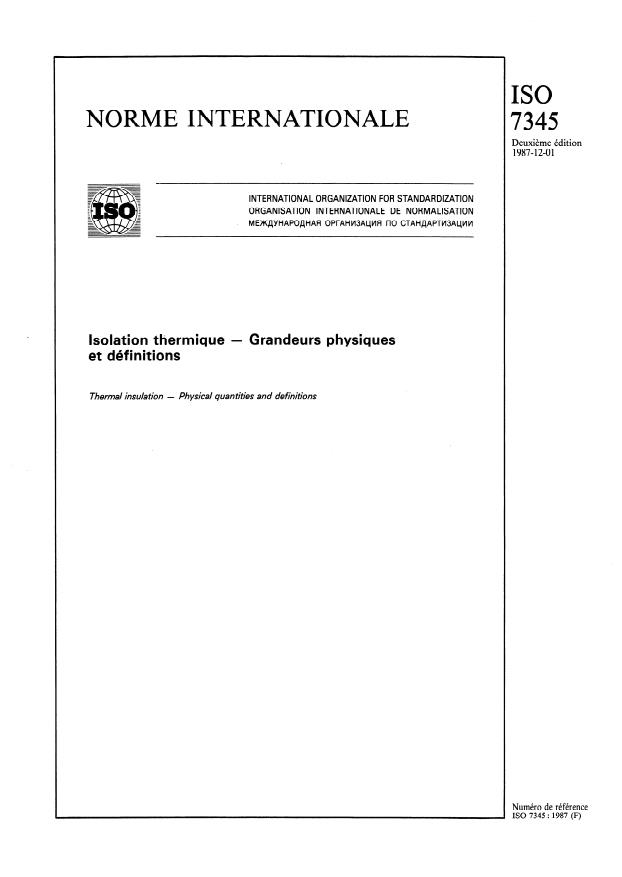 ISO 7345:1987 - Isolation thermique -- Grandeurs physiques et définitions