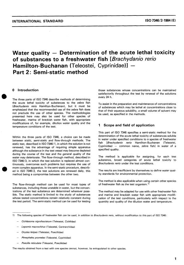 ISO 7346-2:1984 - Water quality -- Determination of the acute lethal toxicity of substances to a freshwater fish (Brachydanio rerio Hamilton-Buchanan (Teleostei, Cyprinidae))