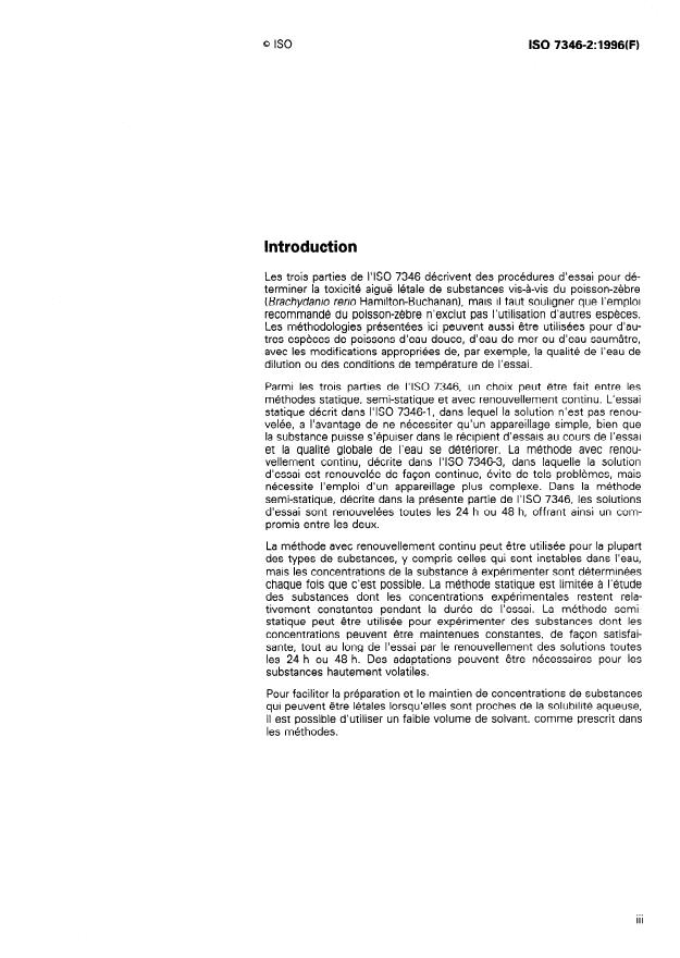 ISO 7346-2:1996 - Qualité de l'eau -- Détermination de la toxicité aiguë létale de substances vis-a-vis d'un poisson d'eau douce [Brachydanio rerio Hamilton-Buchanan (Téléostei, Cyprinidae)]