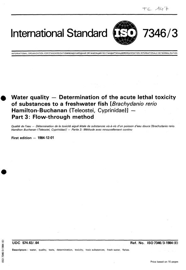 ISO 7346-3:1984 - Water quality -- Determination of the acute lethal toxicity of substances to a freshwater fish (Brachydanio rerio Hamilton-Buchanan (Teleostei, Cyprinidae))