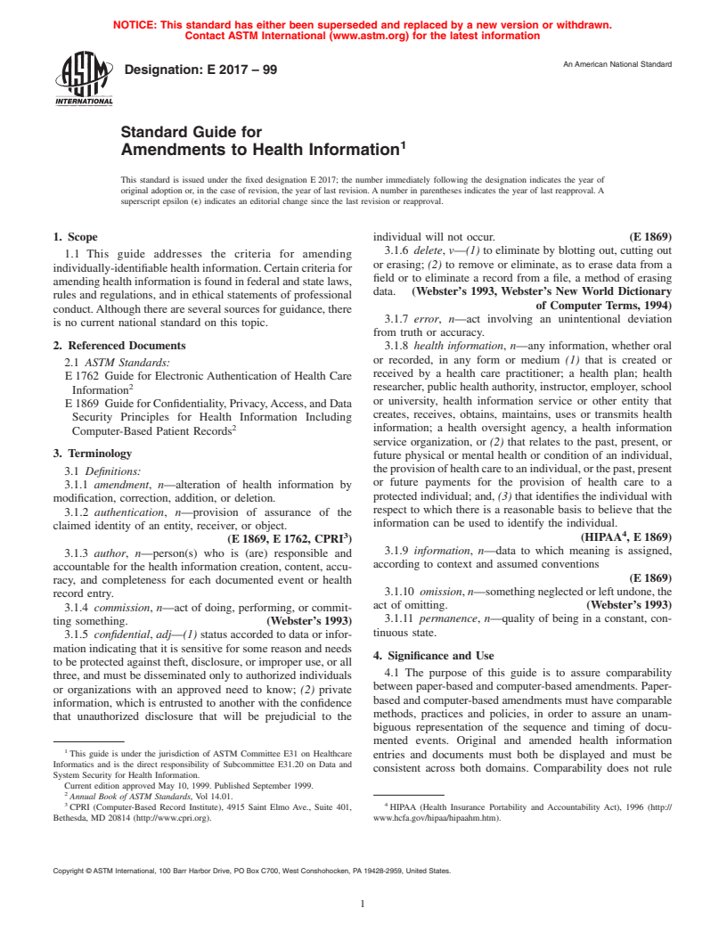 ASTM E2017-99 - Standard Guide for Amendments to Health Information