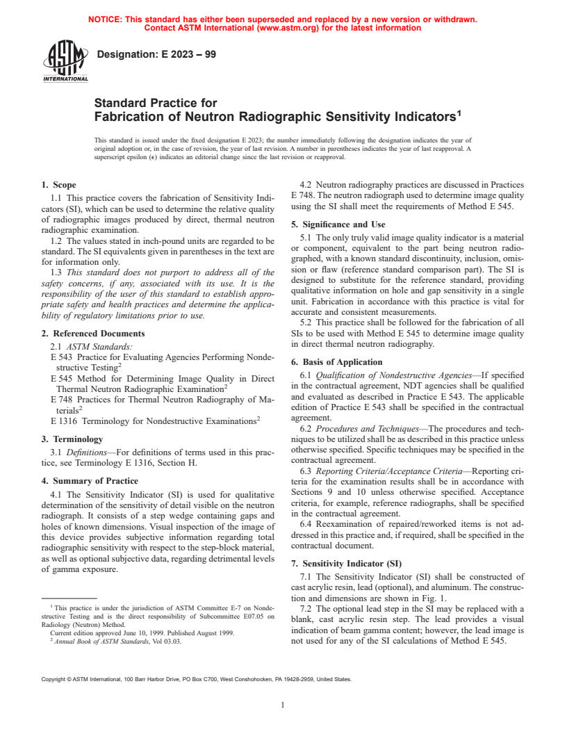 ASTM E2023-99 - Standard Practice for Fabrication of Neutron Radiographic Sensitivity Indicators