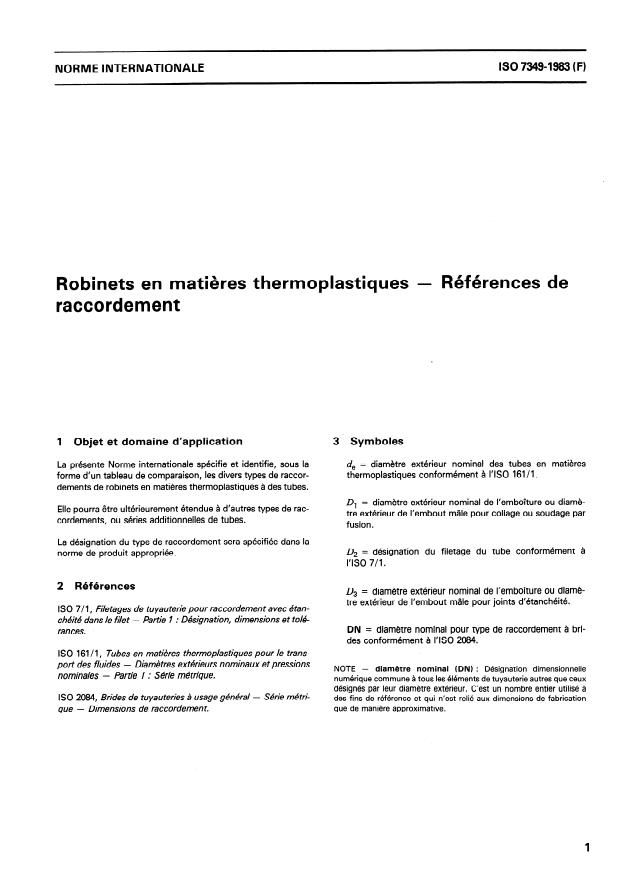 ISO 7349:1983 - Robinets en matieres thermoplastiques -- Références de raccordement
