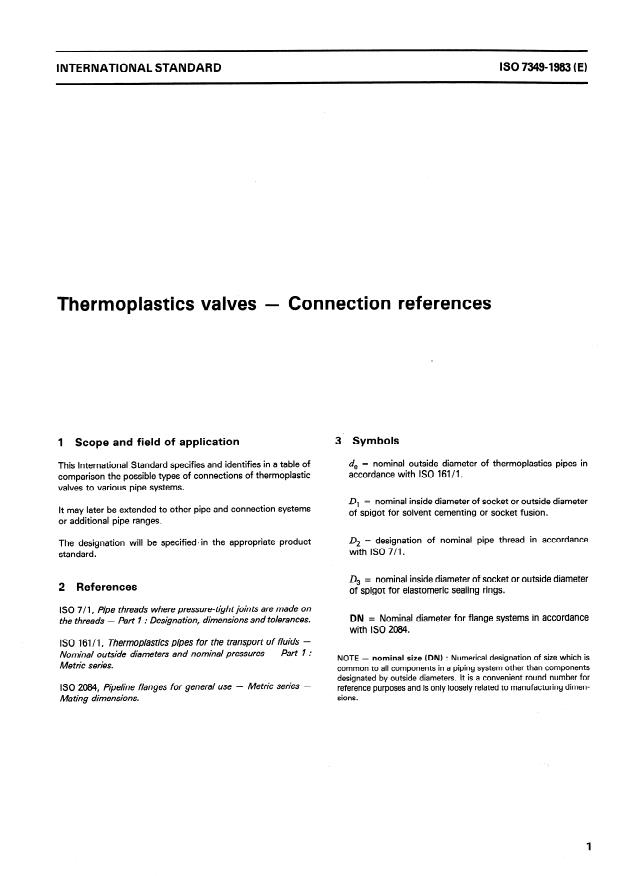 ISO 7349:1983 - Thermoplastics valves -- Connection references