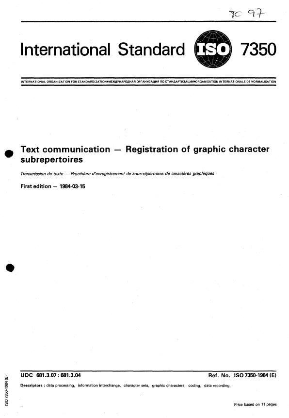 ISO 7350:1984 - Text communication -- Registration of graphic character subrepertoires