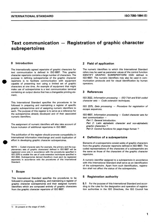ISO 7350:1984 - Text communication -- Registration of graphic character subrepertoires