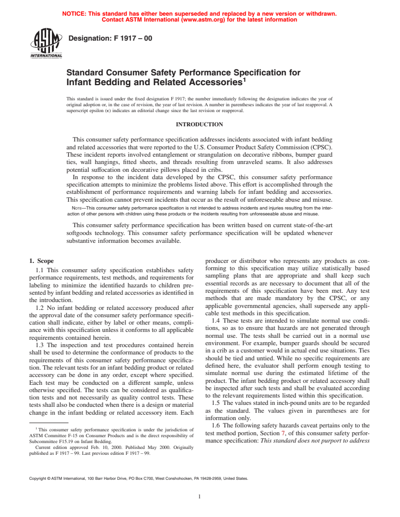 ASTM F1917-00 - Standard Consumer Safety Performance Specification for Infant Bedding and Related Accessories