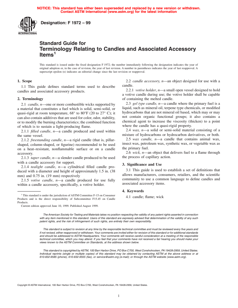 ASTM F1972-99 - Standard Guide for Terminology Relating to Candles and Associated Accessory Items
