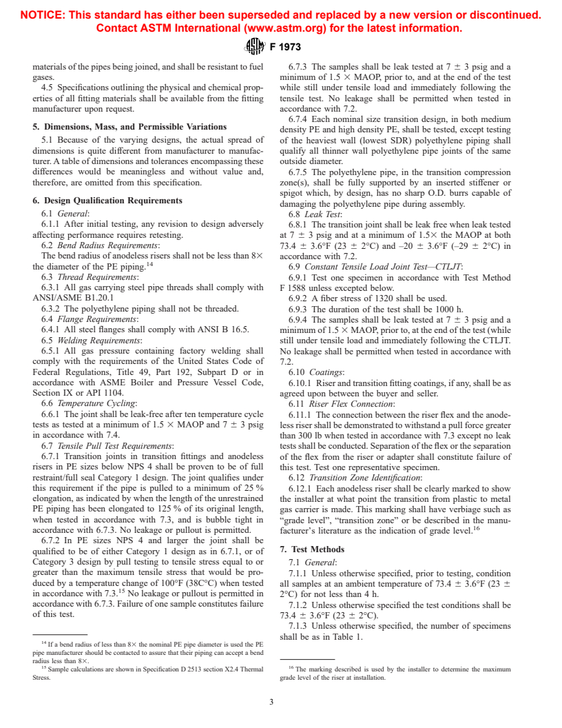 ASTM F1973-99e1 - Standard Specification for Factory Assembled Anodeless Risers and Transition Fittings in Polyethylene (PE) Fuel Gas Distribution Systems