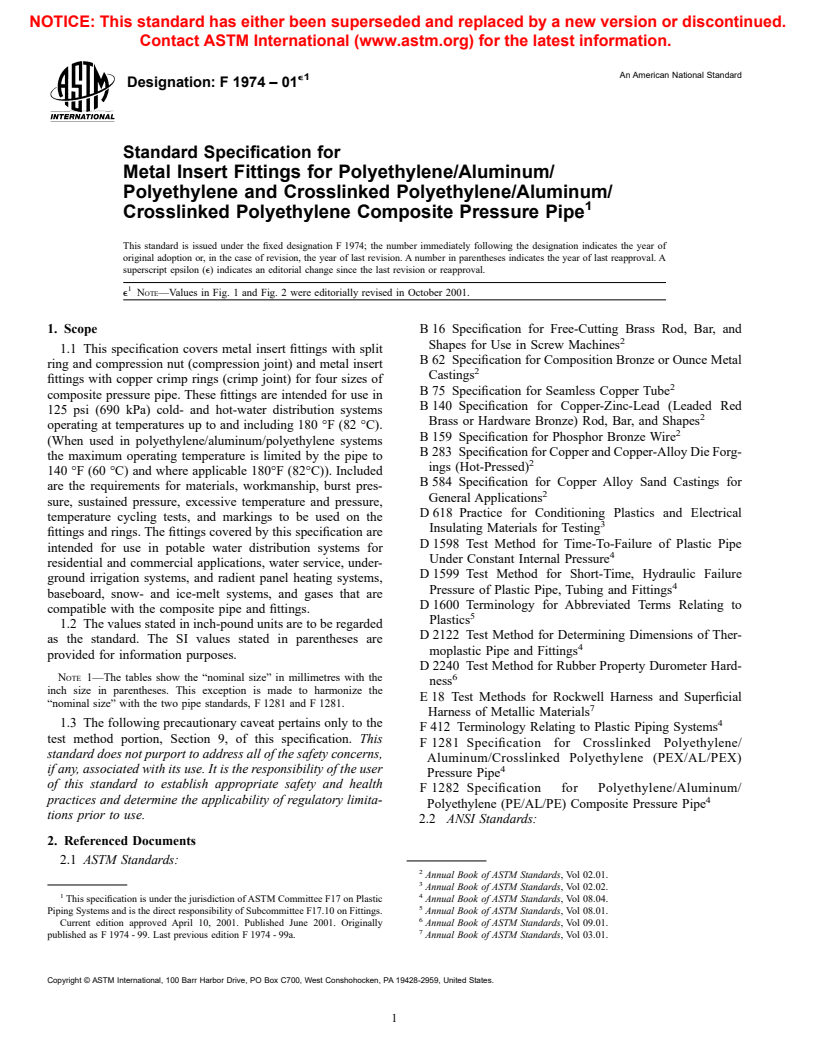 ASTM F1974-01e1 - Standard Specification for Metal Insert Fittings for Polyethylene/Aluminum/Polyethylene and Crosslinked Polyethylene/Aluminum/Crosslinked Polyethylene Composite Pressure Pipe