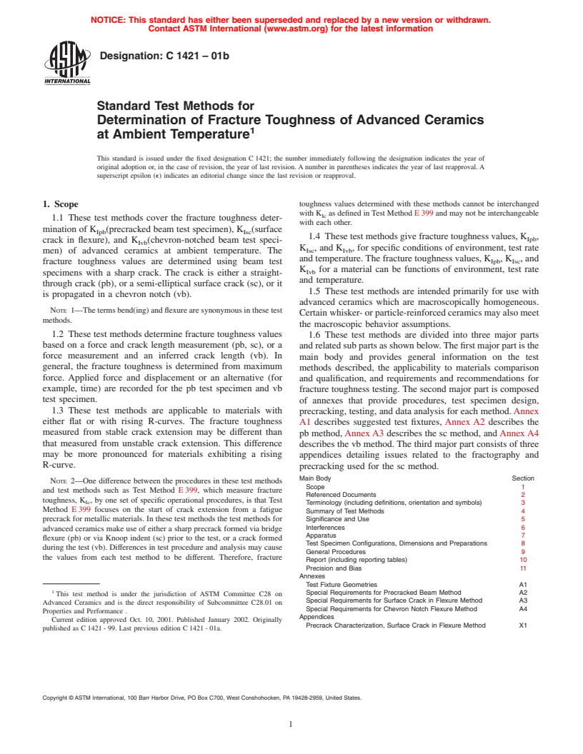 ASTM C1421-01b - Standard Test Methods for Determination of Fracture Toughness of Advanced Ceramics at Ambient Temperature