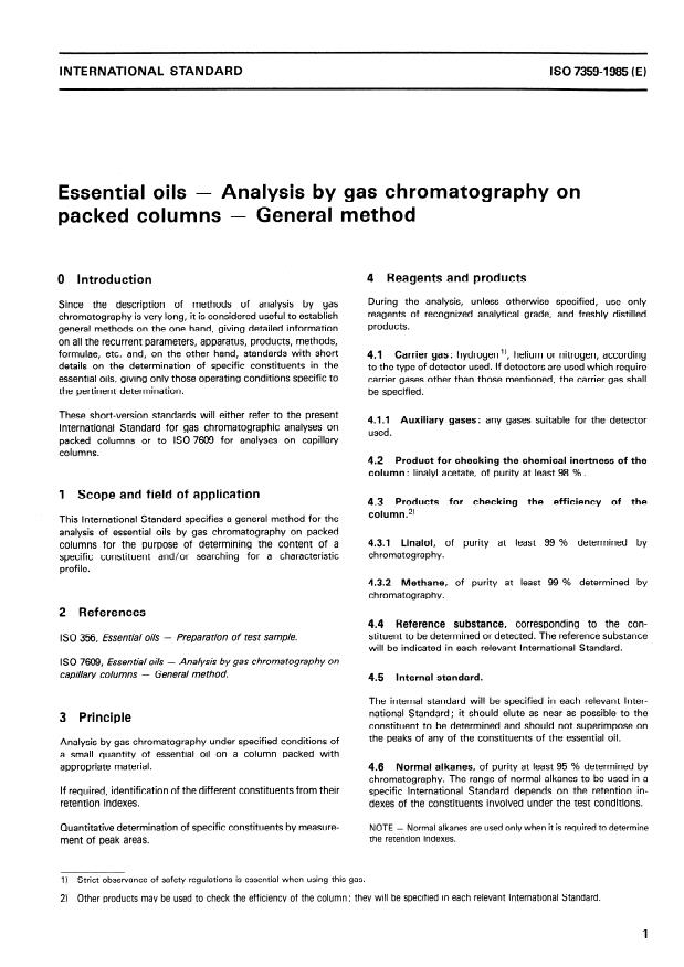 ISO 7359:1985 - Essential oils -- Analysis by gas chromatography on packed columns -- General method