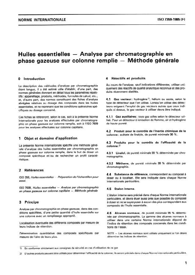 ISO 7359:1985 - Huiles essentielles -- Analyse par chromatographie en phase gazeuse sur colonne remplie -- Méthode générale