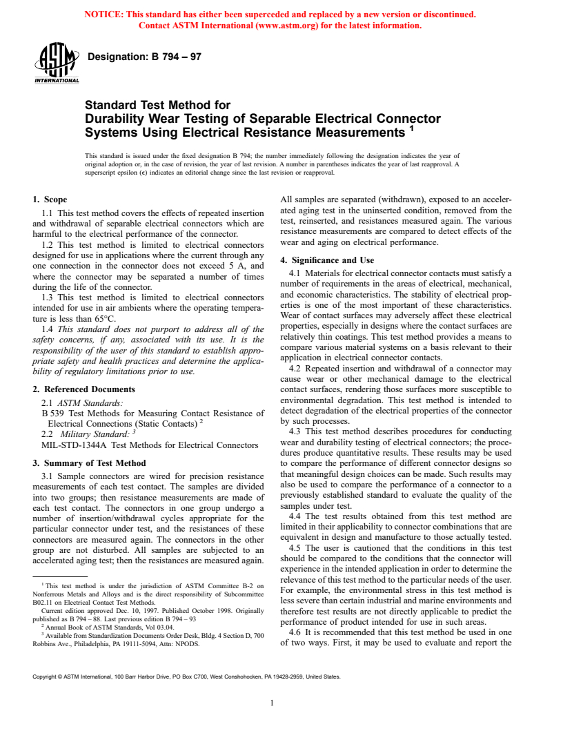 ASTM B794-97 - Standard Test Method for Durability Wear Testing of Separable Electrical Connector Systems Using Electrical Resistance Measurements