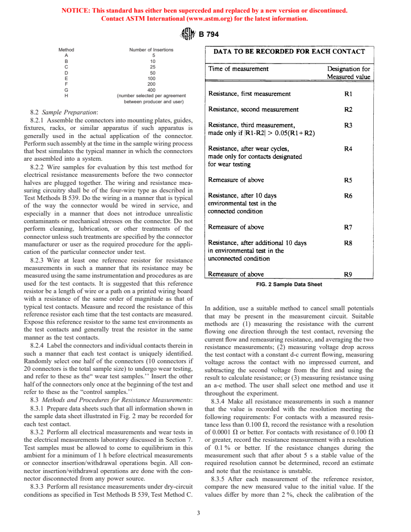 ASTM B794-97 - Standard Test Method for Durability Wear Testing of Separable Electrical Connector Systems Using Electrical Resistance Measurements