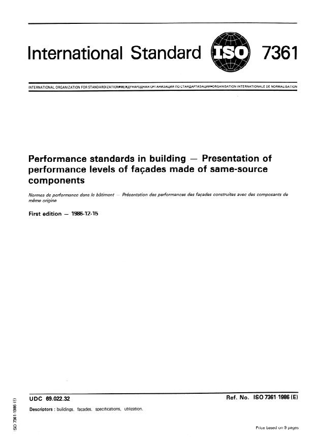 ISO 7361:1986 - Performance standards in building -- Presentation of performance levels of facades made of same-source components