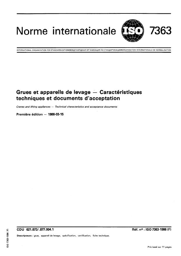 ISO 7363:1986 - Grues et appareils de levage -- Caractéristiques techniques et documents d'acceptation