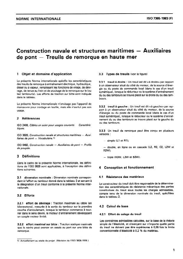 ISO 7365:1983 - Construction navale et structures maritimes -- Auxiliaires de pont -- Treuils de remorque en haute mer