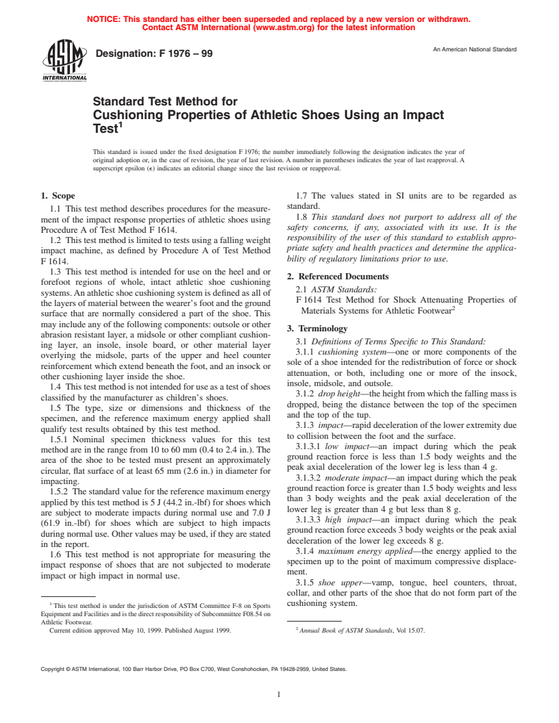 ASTM F1976-99 - Standard Test Method for Cushioning Properties of Athletic Shoes Using an Impact Test