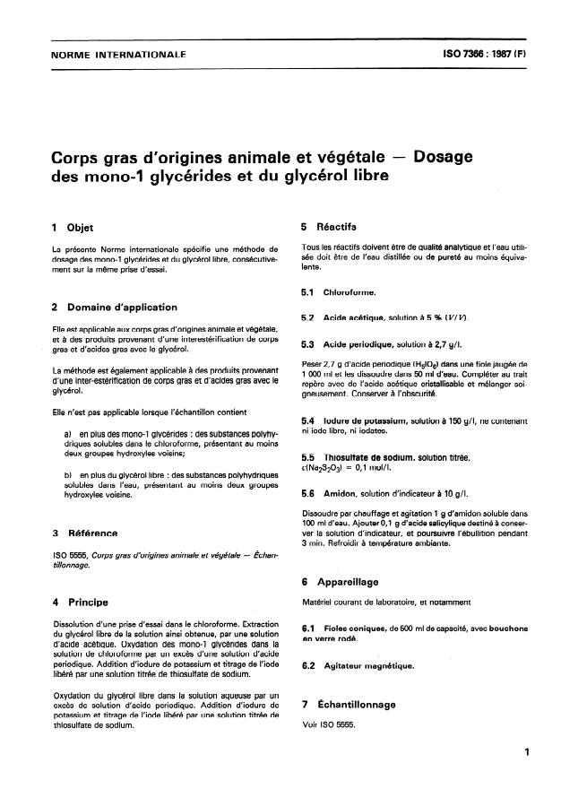 ISO 7366:1987 - Corps gras d'origines animale et végétale -- Dosage des mono-1 glycérides et du glycérol libre