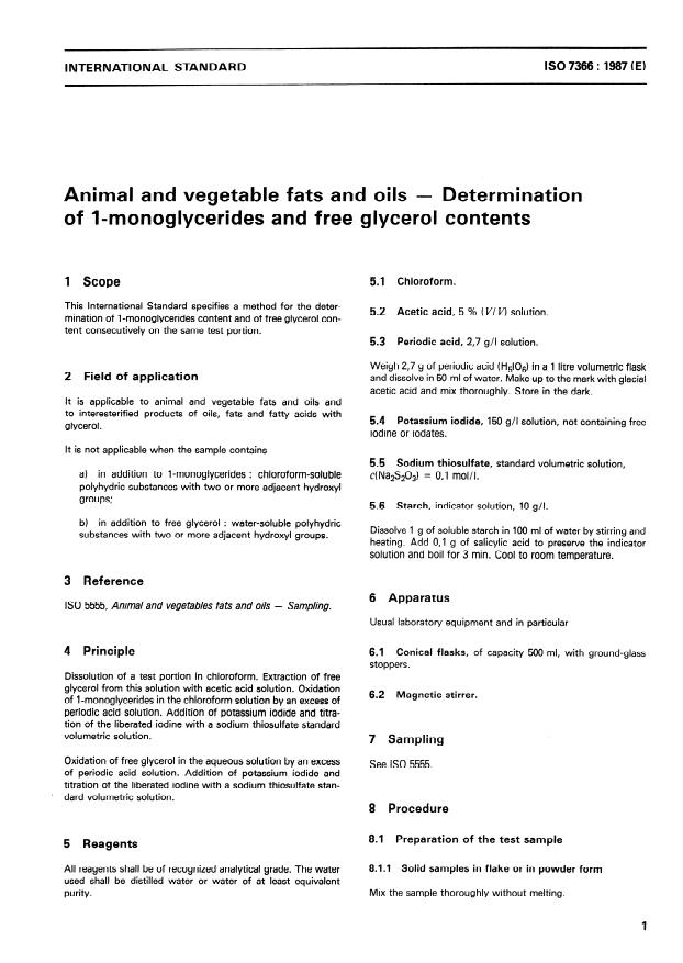 ISO 7366:1987 - Animal and vegetable fats and oils -- Determination of 1-monoglycerides and free glycerol contents