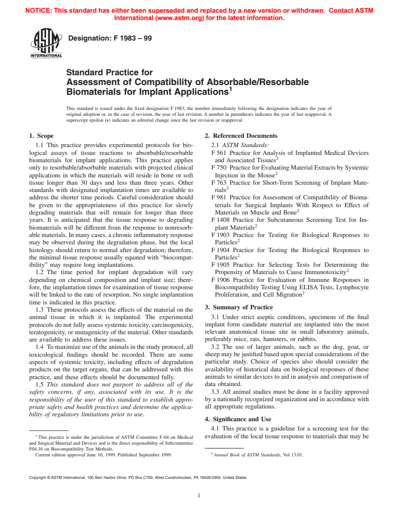 ASTM F1983-99 - Standard Practice for Assessment of Compatibiltiy of Absorbable/Resorbable Biomaterials for Implant Applications