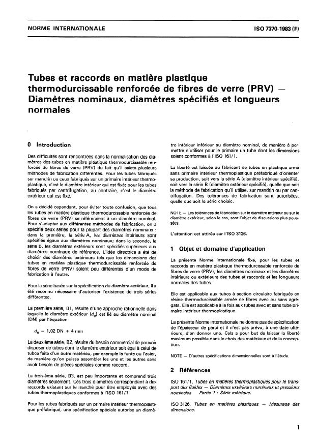 ISO 7370:1983 - Tubes et raccords en matiere plastique thermodurcissable renforcée de fibres de verre (PRV) -- Diametres nominaux, diametres spécifiés et longueurs normales
