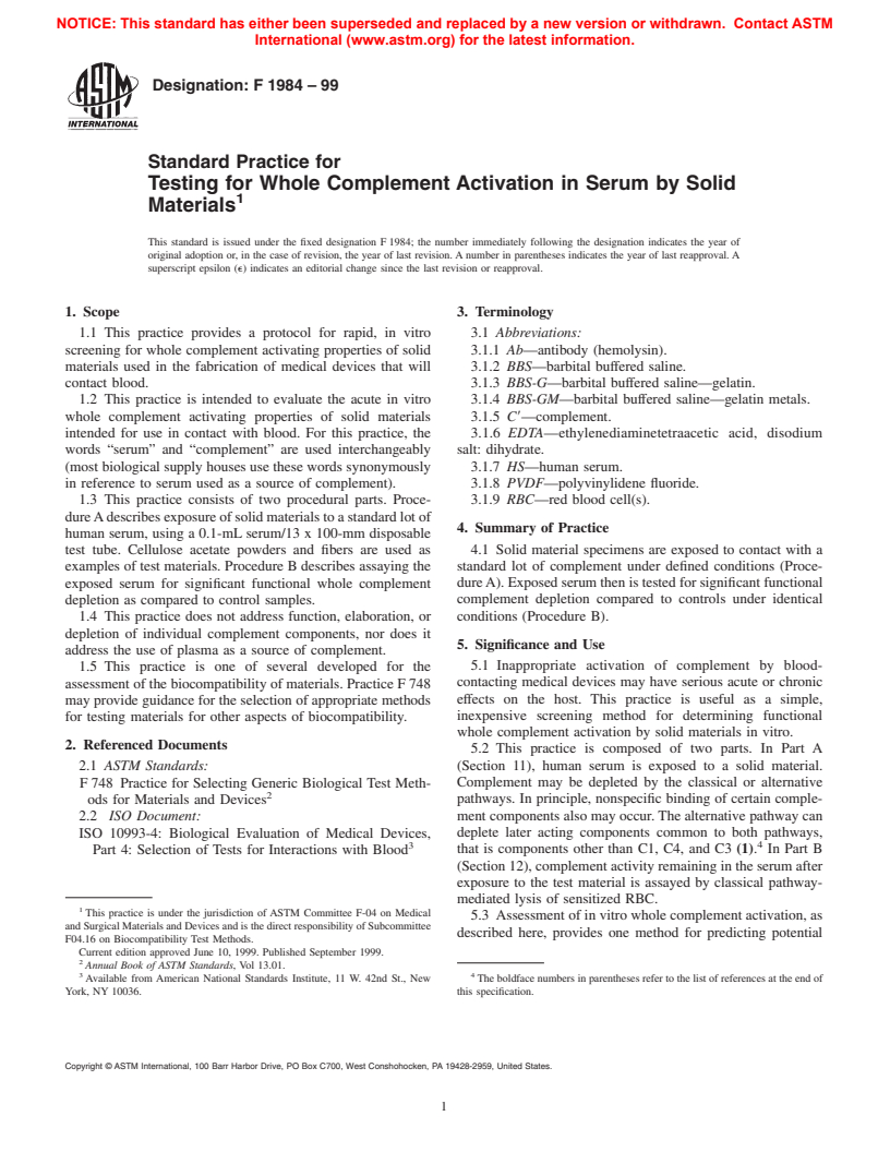 ASTM F1984-99 - Standard Practice for Testing for Whole Complement Activation in Serum by Solid Materials