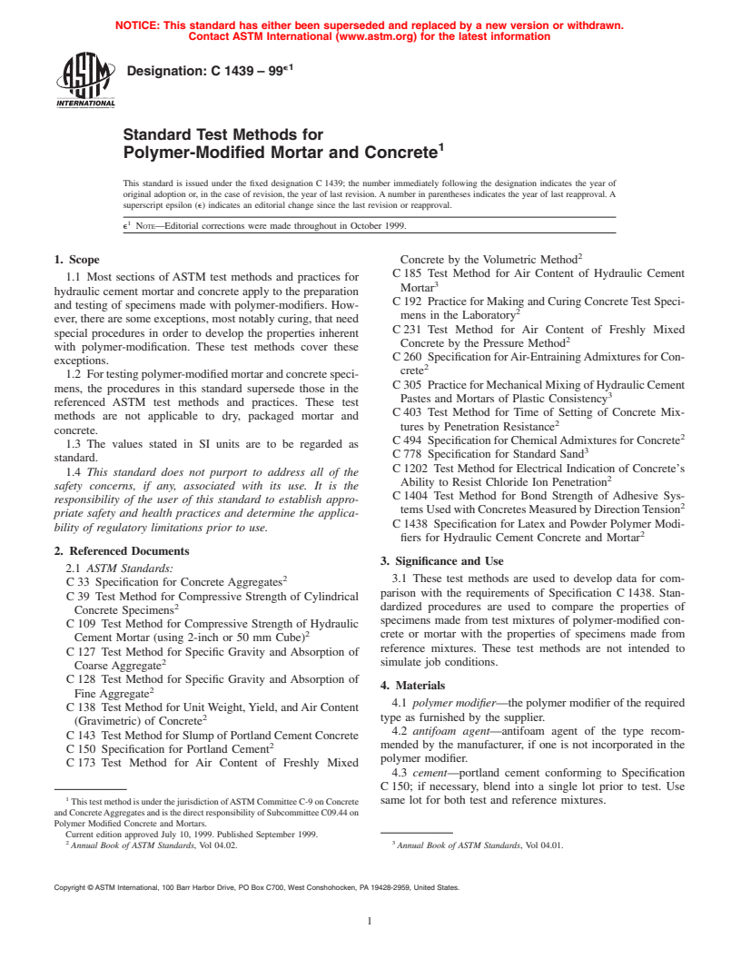 ASTM C1439-99e1 - Standard Test Methods for Polymer-Modified Mortar and Concrete