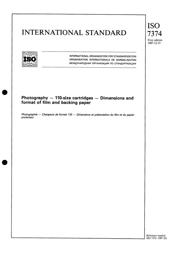 ISO 7374:1987 - Photography -- 110-size cartridges -- Dimensions and format of film and backing paper