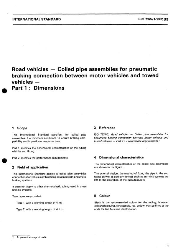ISO 7375-1:1982 - Road vehicles -- Coiled pipe assemblies for pneumatic braking connection between motor vehicles and towed vehicles