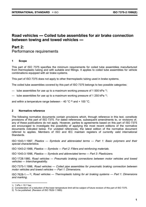 ISO 7375-2:1998 - Road vehicles -- Coiled tube assemblies for air brake connection between towing and towed vehicles