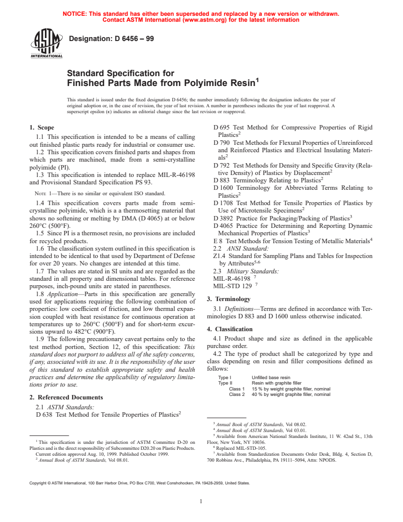 ASTM D6456-99 - Standard Specification for Finished Parts Made from Polyimide Resin