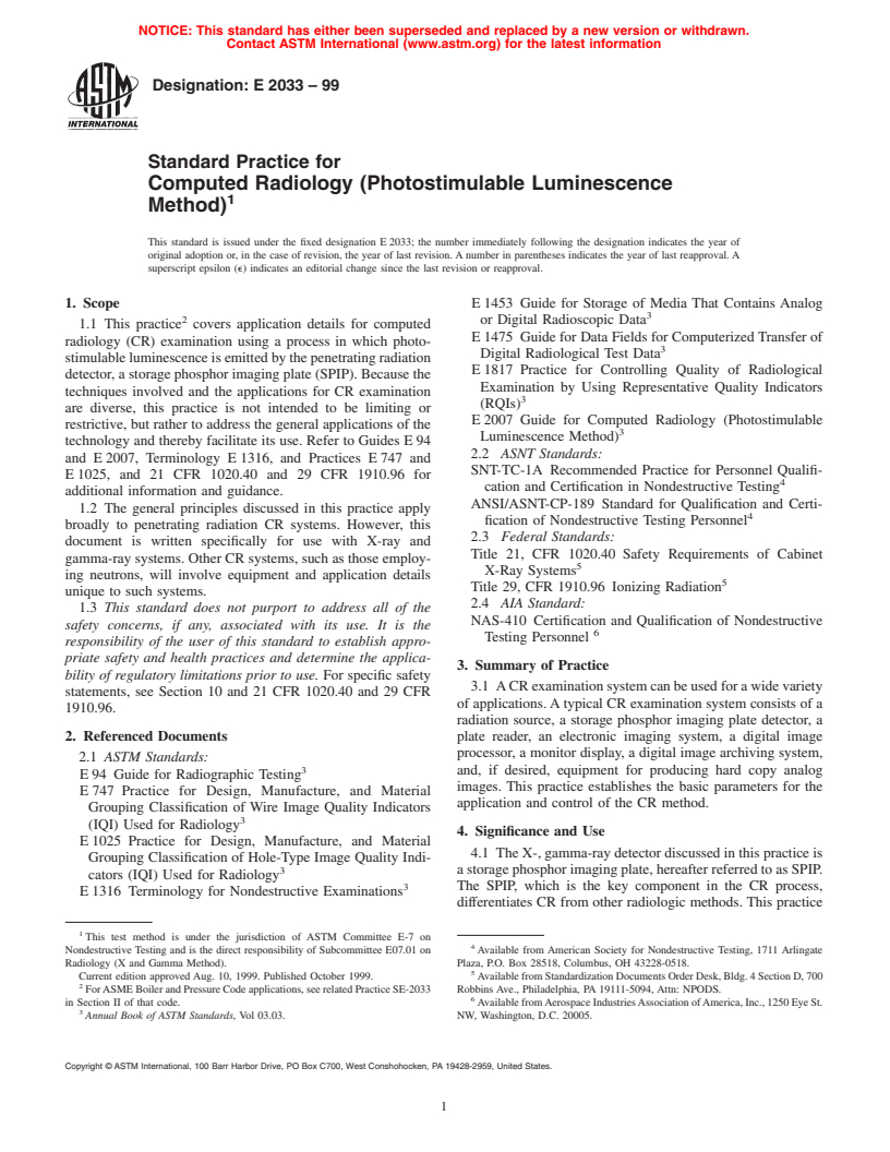 ASTM E2033-99 - Standard Practice for Computed Radiology (Photostimulable Luminescence Method)