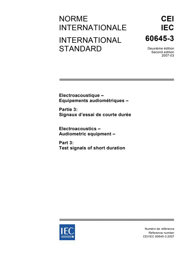 IEC 60645-3:2007 - Electroacoustics - Audiometric equipment - Part 3: Test signals of short duration