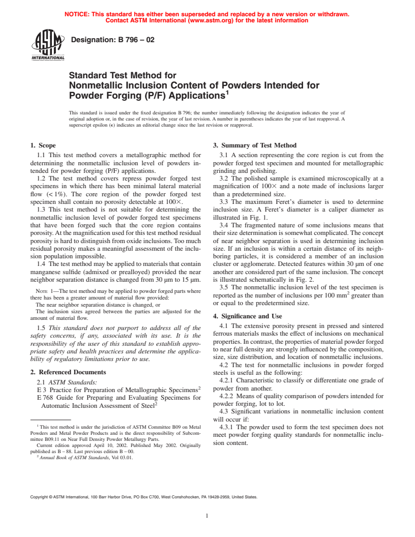 ASTM B796-02 - Standard Test Method for Nonmetallic Inclusion Content of Powders Intended for Powder Forging (P/F) Applications